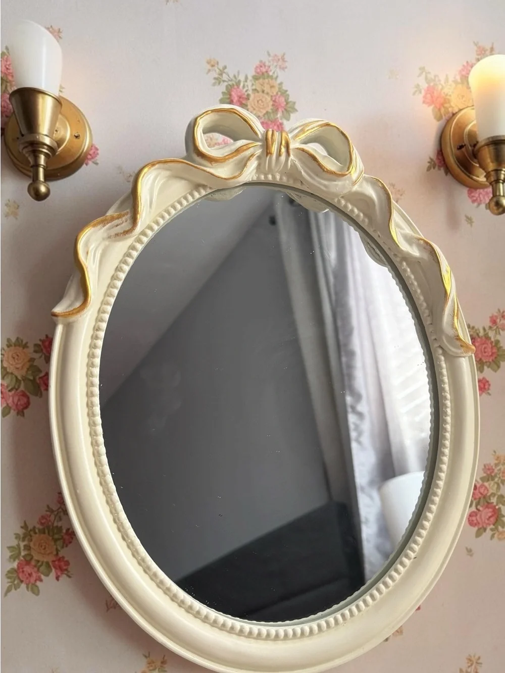 Elegant Vintage Cream and Gold Bow Oval Wall Mirror 12in*9in